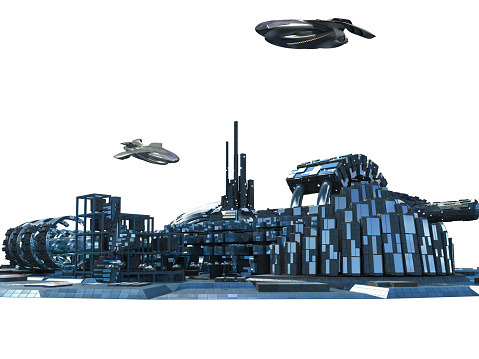 City skyline silhouette with futuristic architecture, metallic structures, and hovering aircrafts, for sci-fi backgrounds with the profile clipping path included in the 3D illustration.