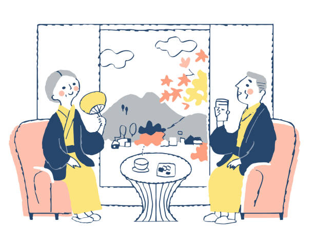 ilustraciones, imágenes clip art, dibujos animados e iconos de stock de una pareja de ancianos en un yukata relajándose en una habitación de alojamiento japonesa - autumn leaf white background land