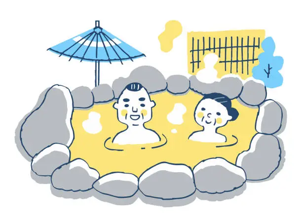 Vector illustration of Senior couple relaxing in the open-air bath