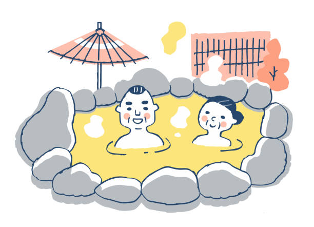 노천탕에서 휴식을 취하는 시니어 커플 - hot tub men old comfortable stock illustrations