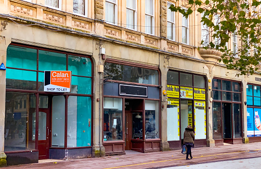 Cardiff, Wales - November 2020: Row of empty shopz in the shopping centre on Queen Street in Cardiff city centre