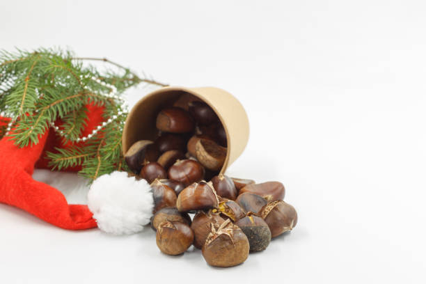 fried chestnuts in a paper Cup, on a white background with a spruce branch and a red Santa hat.Horizontally with space stock photo