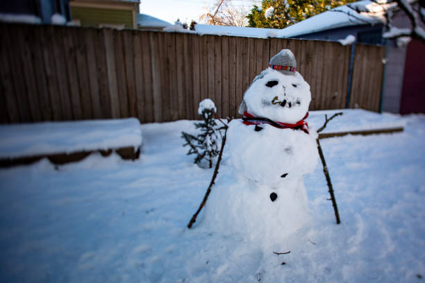 Happy snowman with umbrella and snow falling during day of winter