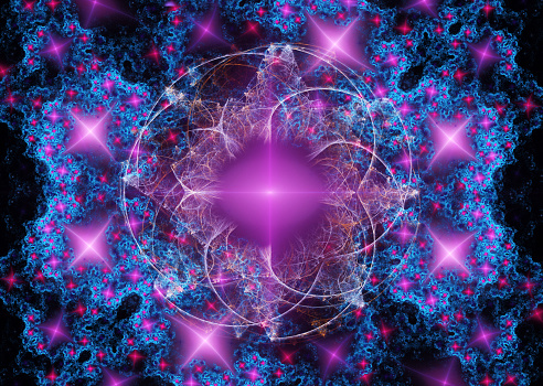 Abstract psychedelic magic pink stars fractal background for art projects. 3d render
