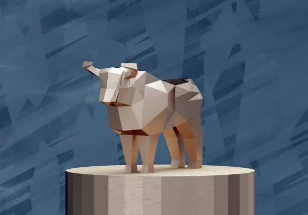 Photo of figurine of polygonal golden bull on cylinder stand, a symbol of the new year 2021, 3d render