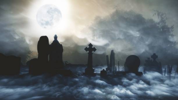 istock Full Moon over a spooky cemetery with silhouette headstones and rolling low lying fog. 1285352422
