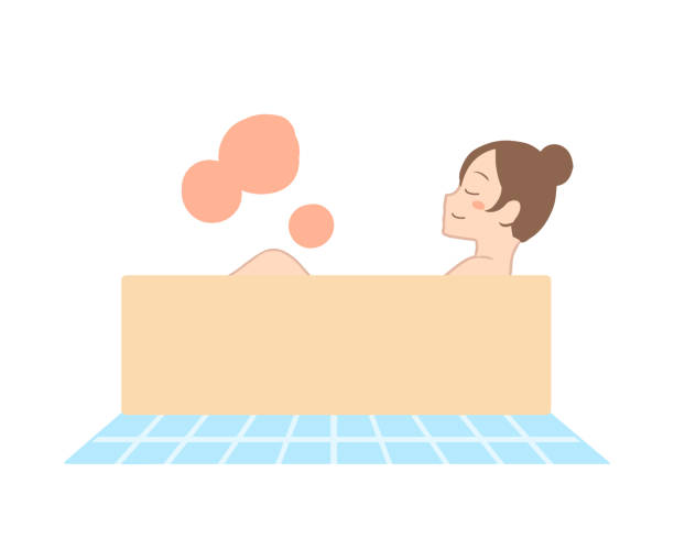 bokiem kobieta, która ogrzewa swoje ciało, biorąc kąpiel (bez linii) - waist up stock illustrations