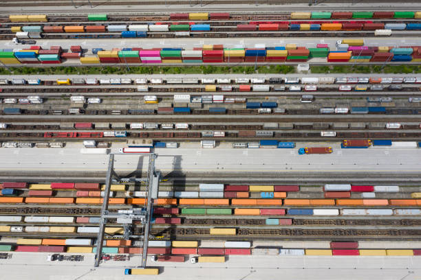 istock Aerial View of Container Terminal, Rail Yard 1285353724