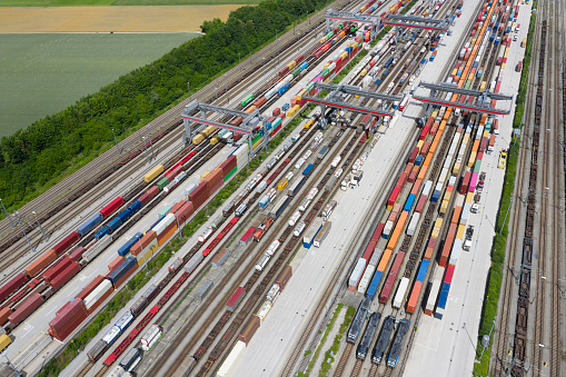 Aerial view of cargo containers and freight trains, Germany.