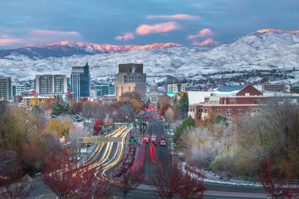 Downtown Boise, Idaho USA at dusk with traffic long exposure.