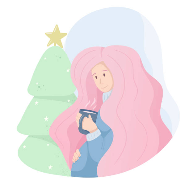 Vector cute doodle illustration. Pregnant young woman in gentle blue and pink colors, winter atmosphere, christmas. Comfort, a mug of hot coffee or tea and a Christmas tree with decorations. Vector cute doodle illustration. Pregnant young woman in gentle blue and pink colors, winter atmosphere. Comfort, a mug of hot coffee or tea and a Christmas tree with decorations. family planning together stock illustrations