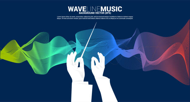 Vector silhouette of conductor hand with sound waves in background . Concept background for orchestra concert and recreation. conductor baton stock illustrations