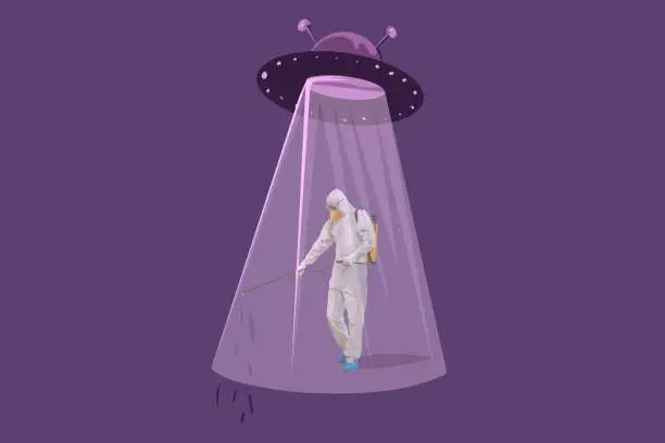 Vector illustration of NLO UFO spaceship and a man in a protective suit