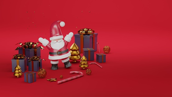 Santa Claus stands among Gift box with candy cane and tree with star on red, Christmas background illustration concept.3d rendering.