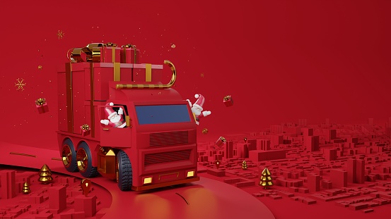 Santa Claus driving a gift box truck with candy canes and trees with stars surrounded on a simulated road and town, Christmas background illustration concept.3d rendering.