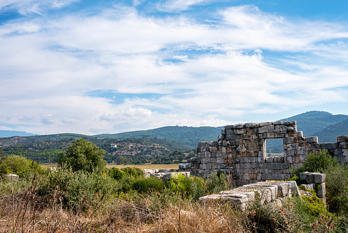 Ruins of the antique Roman theatre in ancient Lycian city of Xanthos, Antalya Province, Turkey.