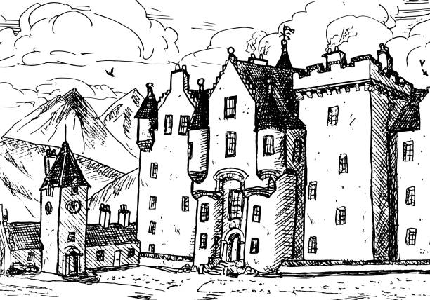 Front facade of Blair Atholl Castle with pointed turrets. In the middle of Scottish highlands, north of United Kingdom. Ink drawing. Front facade of Blair Atholl Castle with pointed turrets. In the middle of Scottish highlands, north of United Kingdom. Ink drawing. bailey castle stock illustrations