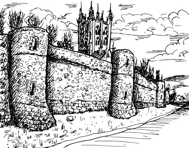 Stone towers on the large city wall in Romanesque style and belfry at Canterbury. An old town with medieval heritage in southern England. Ink drawing. Stone towers on the large city wall in Romanesque style and belfry at Canterbury. An old town with medieval heritage in southern England. Ink drawing. canterbury uk stock illustrations
