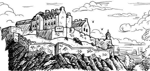Towers and stone walls on top of a cliff at the Edinburgh Castle. The capital of Scotland, in the north of United Kingdom. Ink drawing. Towers and stone walls on top of a cliff at the Edinburgh Castle. The capital of Scotland, in the north of United Kingdom. Ink drawing. bailey castle stock illustrations