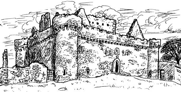 Towers and stone walls on the facade of the Craigmillar Castle, near Edinburgh. The capital of Scotland, in the north of United Kingdom. Ink drawing. Towers and stone walls on the facade of the Craigmillar Castle, near Edinburgh. The capital of Scotland, in the north of United Kingdom. Ink drawing. bailey castle stock illustrations