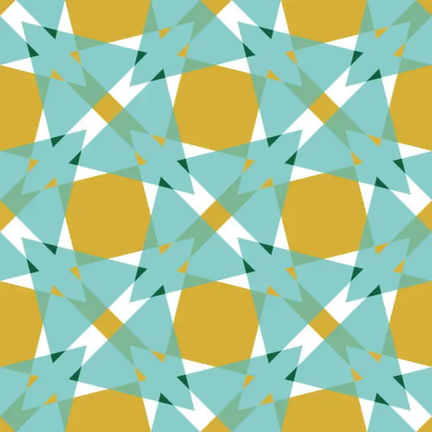 Vector illustration of Symmetrical geometric pattern. Seamless vector blue-green and mustard yellow structure on white background.