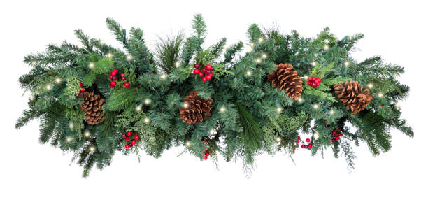 istock Christmas Pine Garland with Lights Isolated on White 1285362555