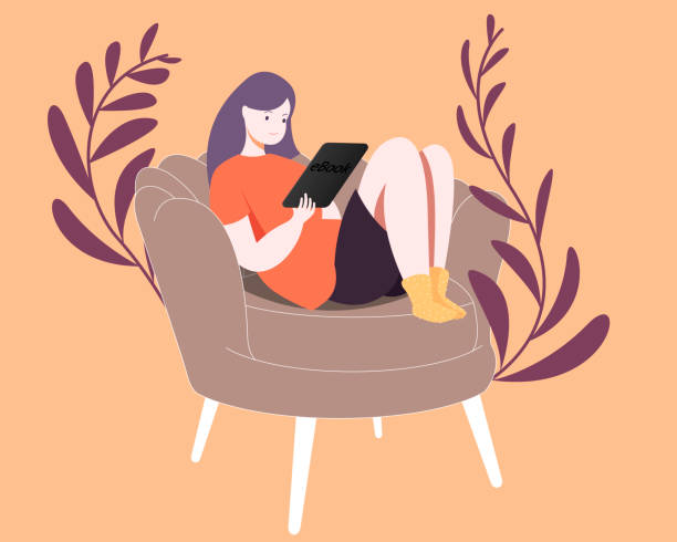 The girl reads her favorite works on the e-book. vector art illustration