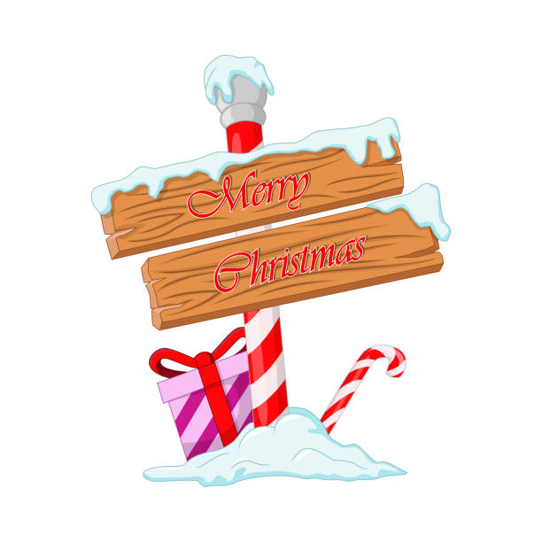 istock Wooden signboard with Christmas gift box and candy cane 1285365089