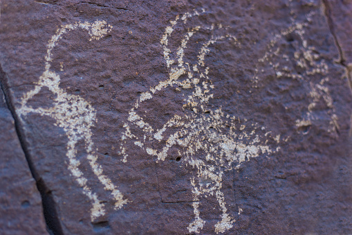 Kokopelli at La Cieneguilla Petroglyph Site near Santa Fe, NM. The petroglyphs were painted between circa 1400 and 1800 by Keresan-speaking Pueblo Indians.