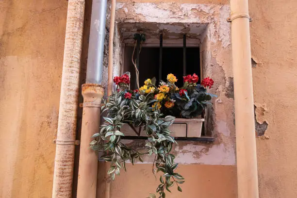 Menton, France - July 2, 2020: Flowers on a small neglected window with metal bars and crumbling plaster
