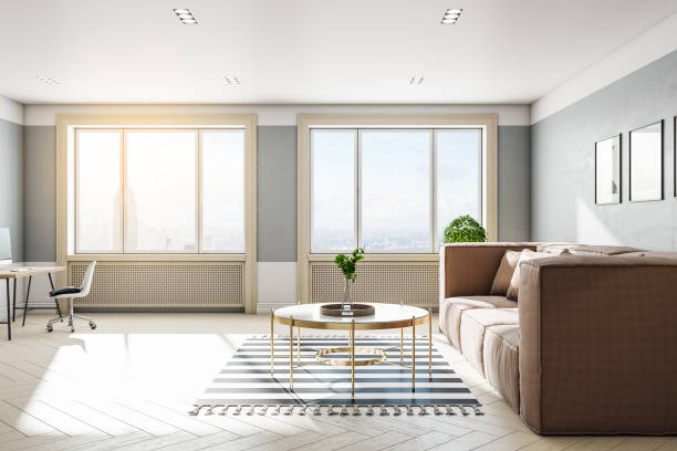 istock Contemporary living room with sofa and panoramic city view. 1285366511