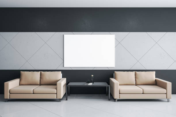 istock Clean living room with two sofa and blank banner 1285366797