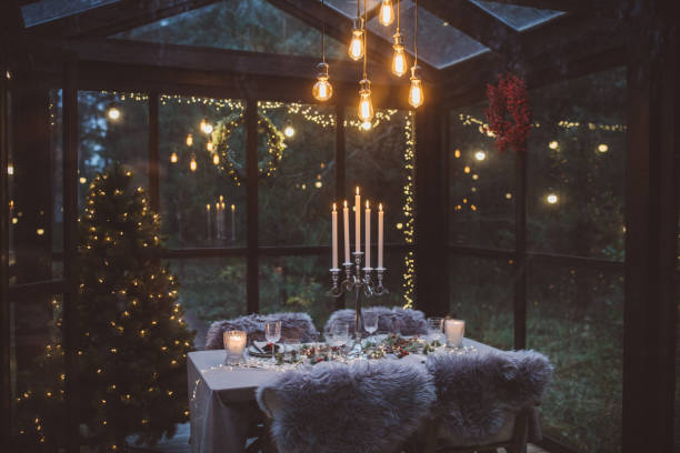 ready for christmas dinner - window christmas night house imagens e fotografias de stock