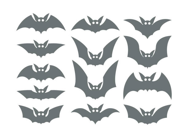 ilustraciones, imágenes clip art, dibujos animados e iconos de stock de iconos de murciélagos - bat halloween silhouette wing