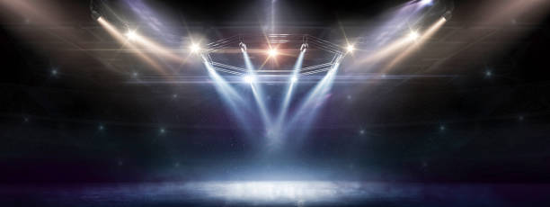Sport background. Winter. Blue ice floor texture and mist. Snow and ice background. Empty ice rink illuminated by spotlights. Scene Illumination Sport background. Winter. Blue ice floor texture and mist. Snow and ice background. Empty ice rink illuminated by spotlights. Scene Illumination. Colorful competition round stock pictures, royalty-free photos & images