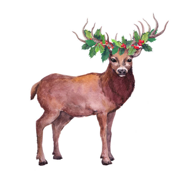 istock Christmas deer animal with mistletoe. Watercolor illustration 1285374347
