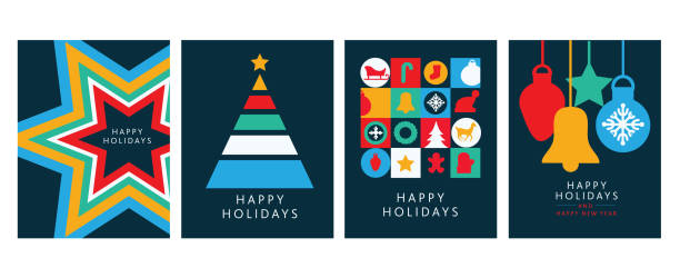 Happy Holidays Greeting card flat design templates with geometric shapes and simple icons Vector illustration of a set of four Happy Holidays Invitation card designs with geometric simplicity and bright colors on dark blue background. Includes star shape, tree shape, icon mosaic, and colorful flat ornaments. Fully editable and easy to customize. Download includes eps 10 and high resolution jpg. happy holidays short phrase illustrations stock illustrations