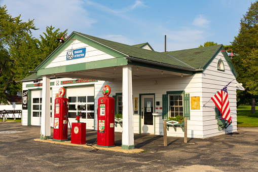Dwight, Illinois / United States - September 23rd, 2020 - Old gas station on Historic Route 66 in late afternoon light.