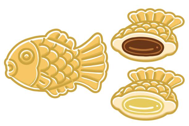 Bungeoppang and inside images. An image in the gourd bread and gourd bread. It is a fish-shaped pastry stuffed with sweetened red bean paste. Vector illustrations set. goldfish snack stock illustrations