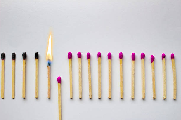 burned and lit matches next to a row of unlit matches on a white background. concept: stop destruction or spread. - brightly lit audio imagens e fotografias de stock