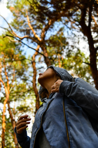 istock Tourist with a backpack and a hood at evergreen pine forest 1285380988
