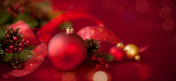istock Christmas Red Bauble on a Red Defocused Lights Background 1285381417