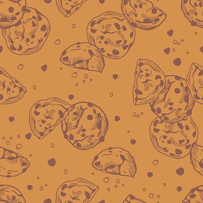 Tasty Thin and Crispy Chocolate Chip Cookies Vector Seamless Pattern for Background and Apparel Design