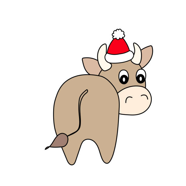 istock Bull in a winter hat. Vector animal illustrationfor kids. Template adorable character for your design. Colorful cartoon cute cow. New Year and Christmas symbol 2021. Isolated icon. 1285385270