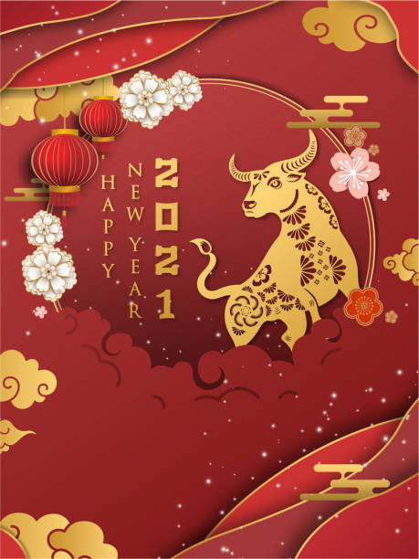 Chinese new year2 Chinese new year 2021 year of the ox , red and gold paper cut ox character,flower and asian elements with craft style on background. wish yuan stock illustrations