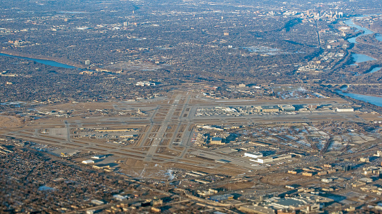 Aerial view of Minneapolis-St. Paul International Airport, Minnesota, USA.