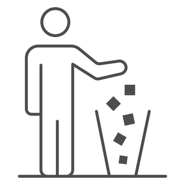Man throws out drugs thin line icon, life without addiction concept, anti drug sign on white background, freedom from narcotics icon in outline style for mobile concept. Vector graphics. Man throws out drugs thin line icon, life without addiction concept, anti drug sign on white background, freedom from narcotics icon in outline style for mobile concept. Vector graphics black trash bin stock illustrations