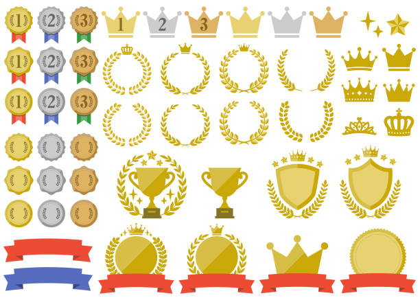 ilustrações, clipart, desenhos animados e ícones de um conjunto de ícones de classificação simples. conjunto de variações de medalhas, troféus, coroas, coroas de louros, escudos, etc. - medal gold medal award gold