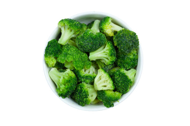 istock Frozen broccoli florets in a bowl isolated on white background, top view 1285388534