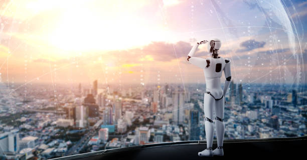 istock 3D illustration robot humanoid looking forward against cityscape skyline 1285390161